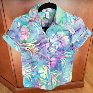 Caribbean Joe Short Sleeve Blue Retro Print Shirt Size Small 100% Cotton